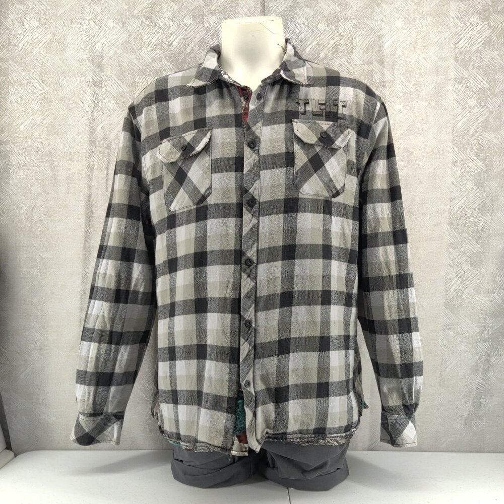 True Love False Idols Shirt Men 3XL Gray Plaid Flannel Shacket Lined Embroidered - Picture 2 of 16